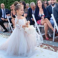 Wedding Flower Girl Dresses Kids Gown Applique Sweep Train 2022 Scoop Full Sleeve New Child Wedding Dress Vestidos De Niña De La