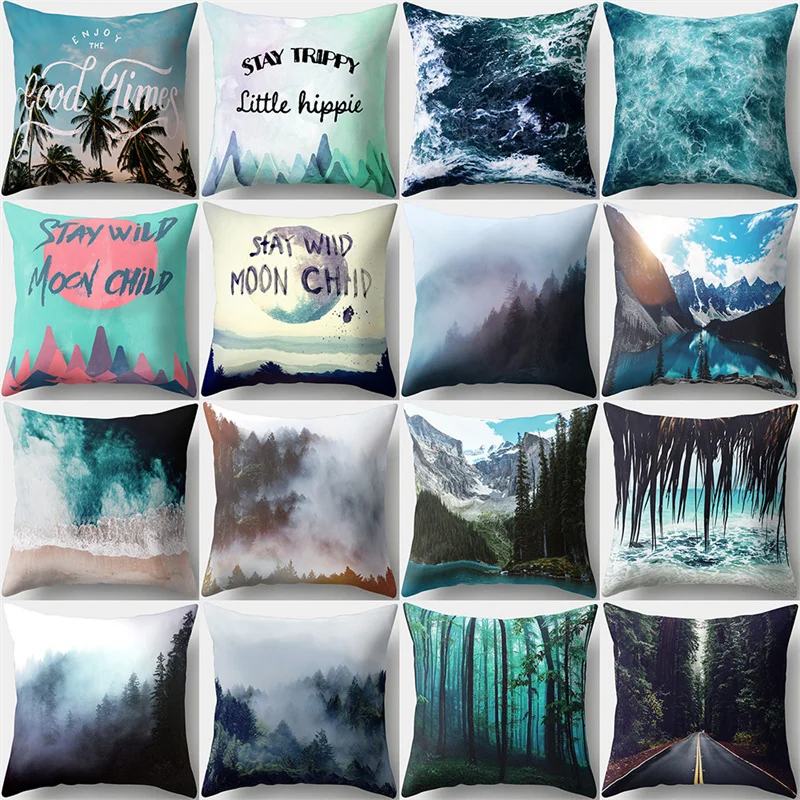 

Blue Forest Tree Pillow Cases Sofa Home Decoration Four Season Landscape Polyester Pillowcase Ocean Wave Pillowslip 45x45cm