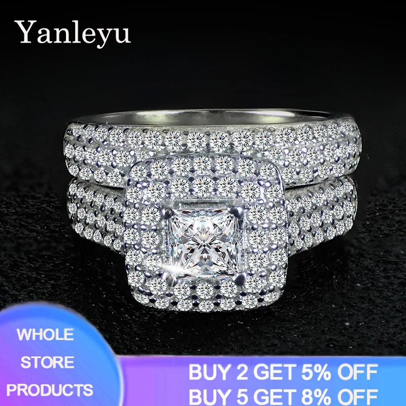 

Yanleyu Princess Cut CZ Zircon Promise Ring sets Real Silver Color Party Wedding Rings for Women Bridal Engagement Jewelry R149