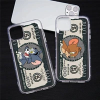 cute cartoon mouse tom and jerry cash money phone case for iphone 13 12 11 pro max mini xs 8 7 plus x se 2020 xr transparent