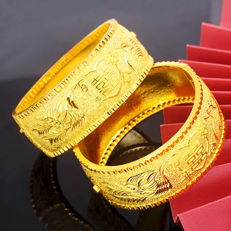 24k Yellow Gold Plated Engraved Dragon Phoenix Matte Bracelet Ladies Bridal Wedding Engagement Gold Jewelry Bracelet Gift
