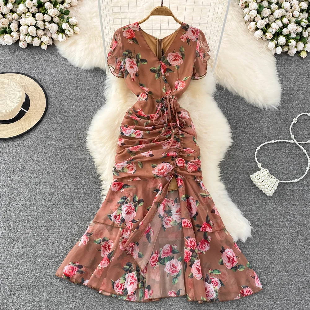

Summer Korean Version of the Ladylike Temperament V-neck Lotus Leaf Sleeves Waist and Slim Mid-length Printed Fishtail Dress