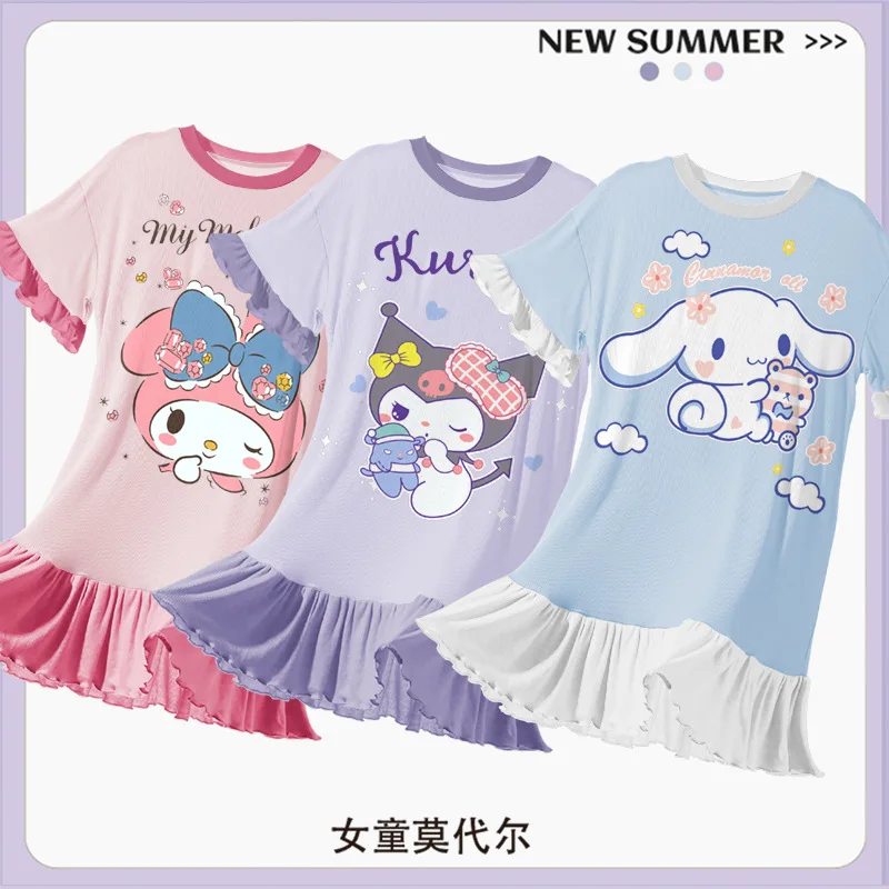 

Новинка детская ночная рубашка Sanrio Kuromi аниме My Melody Cinnamoroll тонкая летняя модель искусственная кожа милая пижама для девочек