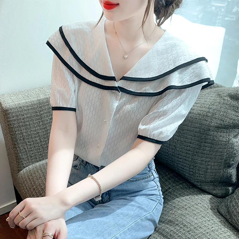 

COIGARSAM Shirt Womens Tops Summer 2022 New Short Sleeve Peter Pan Collar Women Shirts Dropshipping