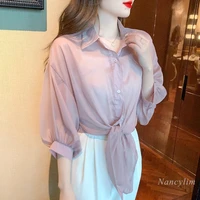 2022 summer new korean style top women irregular sun protection shirt air conditioning room blusas lady casual outfits