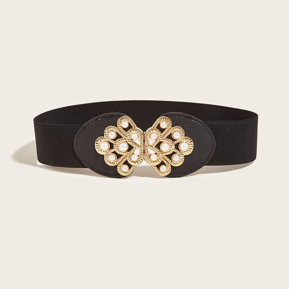 New Flower Shaped Button Head Inlaid With Pearl Decoration Women Fashion Waist Seal Elastic Belt Versatile Casual Seal SCB0318