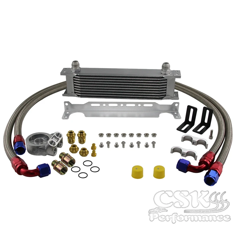 10 Row Engine Oil Cooler w/ Thermostat 80 Deg Filter Adapter Kit Silver / Black |