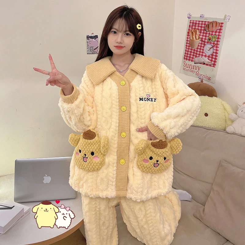 

Мягкая бархатная Пижама Sanrios Pompompurin Melody из кораллового бархата, зеленая зимняя утепленная Домашняя одежда, милый подарок