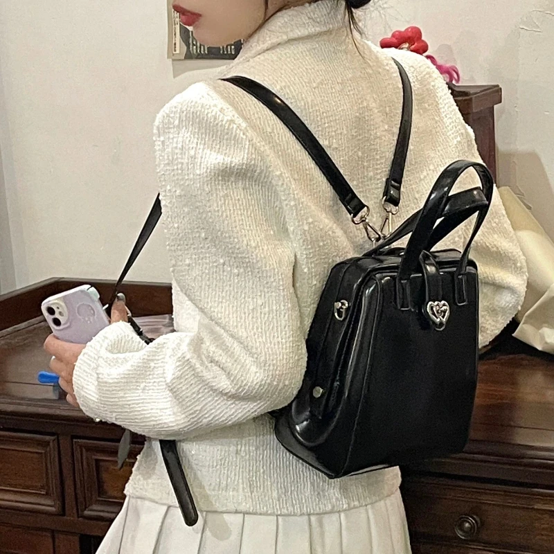 

Xiuya Y2k College Style Women‘s Handbag Heart Lock Buckle Trapezoid Sweet Cool Backpack Advanced Pu Fashio Black Messenger Bags