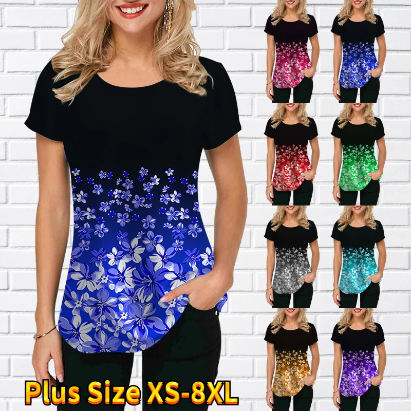 

2022 Summer 3D Flower Print Women's Top Loose Fashion Trend Short Sleeve Street Round Neck Female Large Size Comfortable T-shirt