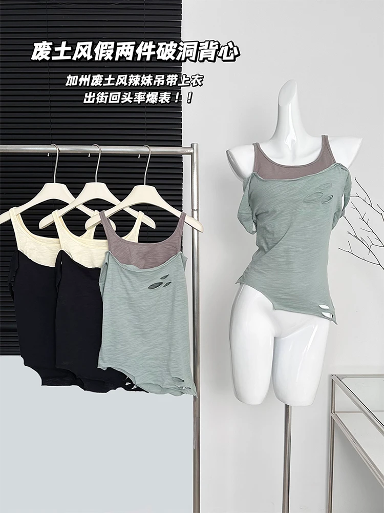 

New Sexy Ripped Hole Halter Top Women's Patchwork Embroidery Crop Tops Off Shoulder Gyaru Camisole Sleeveless 2000s Aesthetic