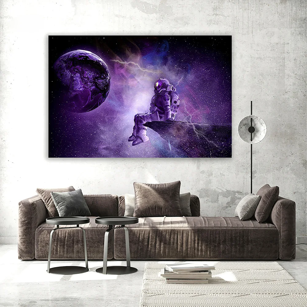 

Astronaut Sitting on the Rock Wall Art Canvas Painting Abstract Purple Poster Prins Pictures for Living Room Home Decoration