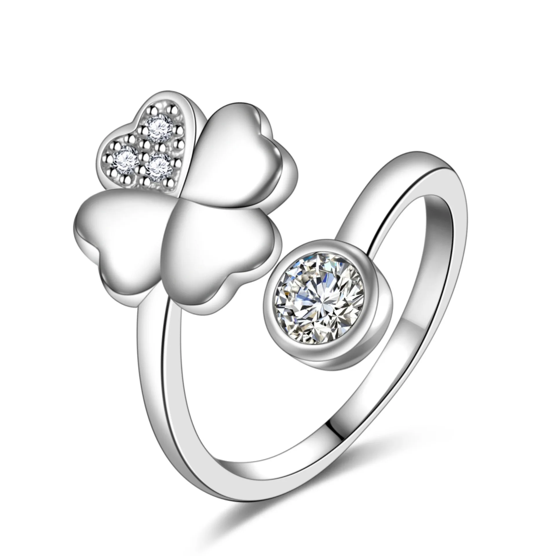 

Temperament silver four-leaf clover ring creative opening fashion micro-inlaid zircon small pure heart clover ring ring