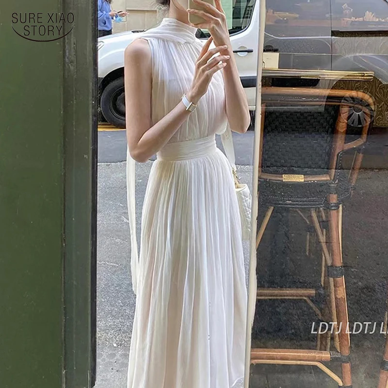 

Женское праздничное платье без рукавов, белое шифоновое длинное платье во французском приморском стиле с лямкой на шее, модель 2022 на весну-л...