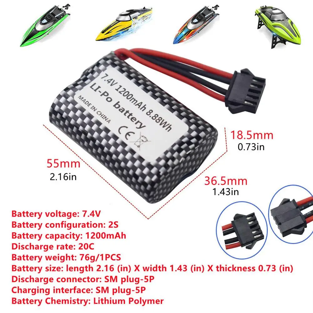 

7.4v 1200mah Lithium Battery For R208 R308 2008 Rc Remote Control Boat Battery High Speed Speedboat Boat Model Accessories