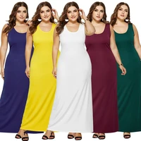 women dress spring and summer knitted sexy round neck solid color long skirt large size sleeveless simple dress