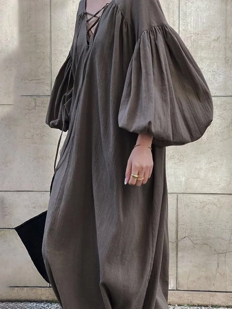 Платье женское длинное из хлопка и льна с V-образным вырезом открытой спиной