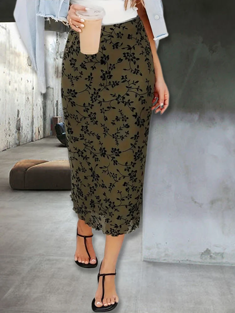 Коричневые кружевные длинные юбки Y2K в стиле ретро женская уличная одежда с