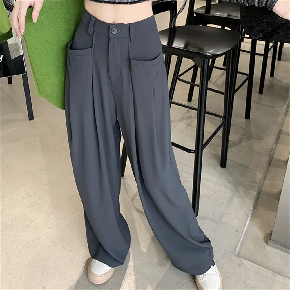 

HziriP Full Length Pants OL Solid Women Autumn Straight Work Wear Thin Wide Leg Slim 2022 All Match High Waist Loose New