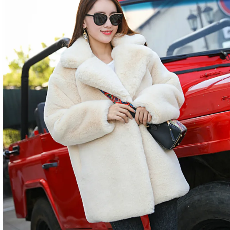 2022 Winter Faux Rabbit Fur Coat Luxury Fur Coat Loose Lapel OverCoat Thick Warm Plus Size Female Plush fur coat women