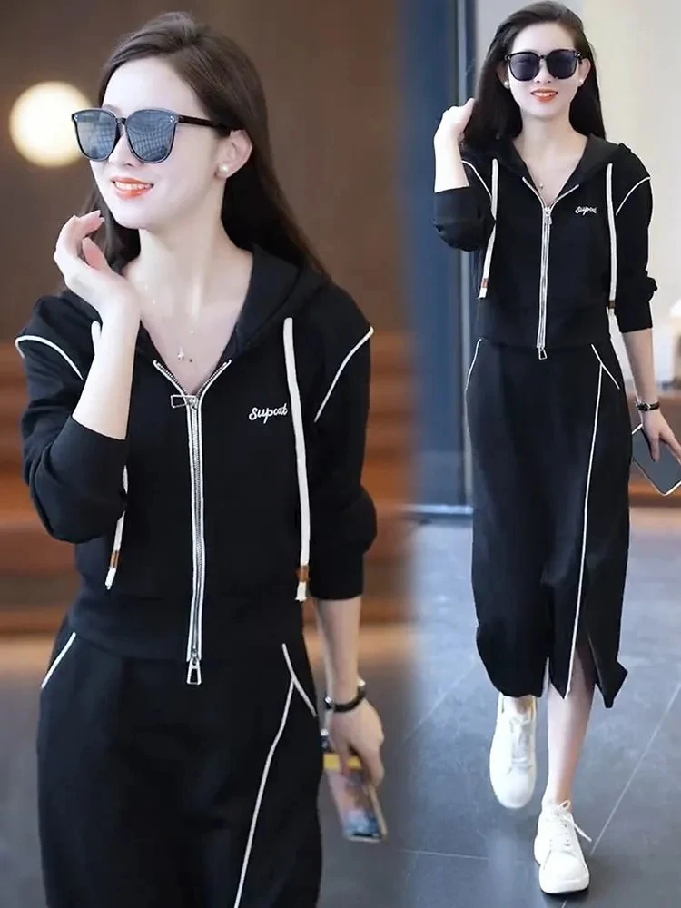 Женский костюм для отдыха короткий свитер на молнии с капюшоном и приталенное