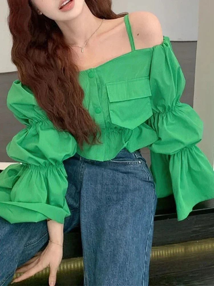 Женская блузка с открытыми плечами однотонная короткая рубашка квадратным