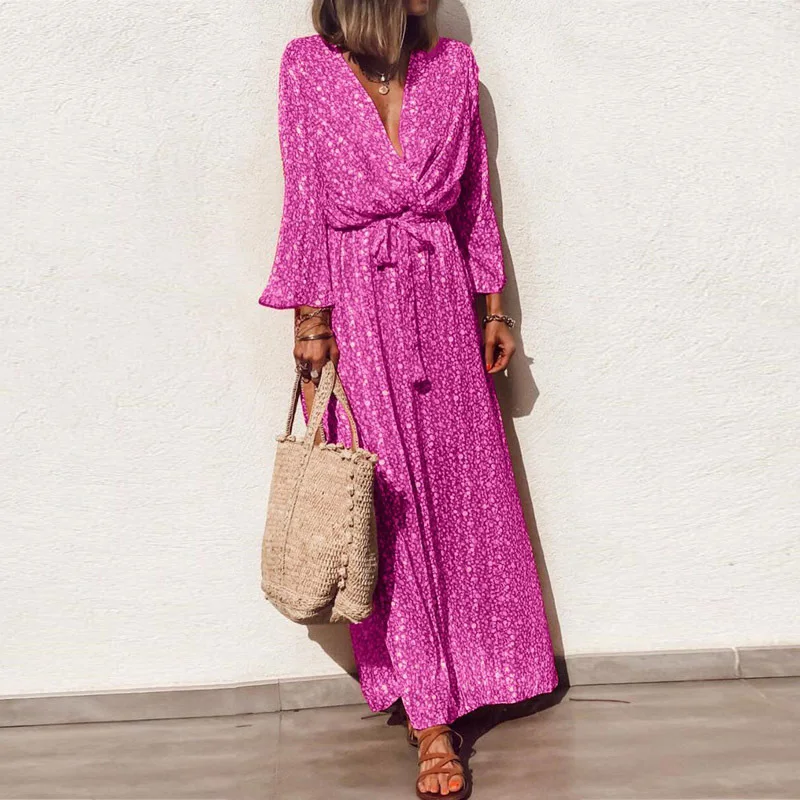 

Элегантное плиссированное платье с V-образным вырезом на шнуровке, женское осеннее длинное платье-трапеция с длинным рукавом, винтажные богемные платья с цветочным принтом