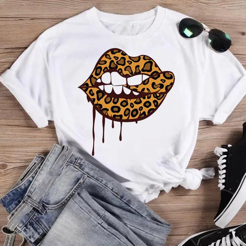 

Women leopard lip tassel Print T Shirt Female Graphic Top Short Sleeve Fashion Summer Tshirts casual Cartoon Tee T-Shirt