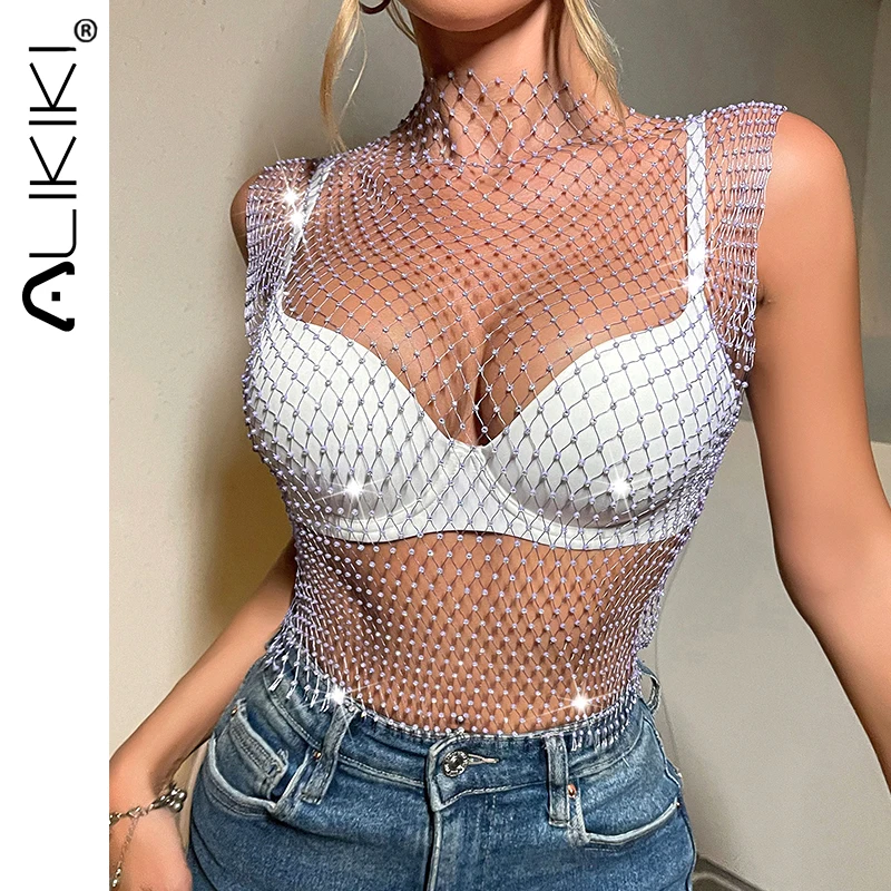 Женский ажурный сексуальный топ украшенный кристаллами и стразами с бусинами