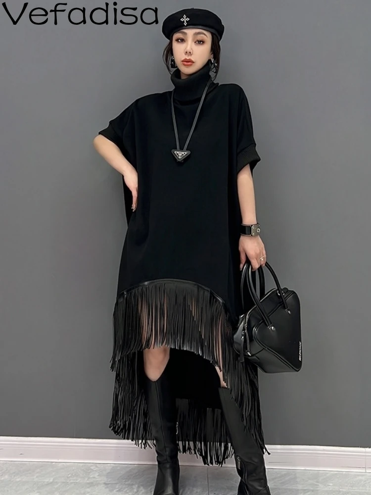 

Vefadisa 2023 Autumn New Turtleneck Pullover Dress Loose Mid-length Tassels Splicing Irregular Dress Black Women's LHX3737
