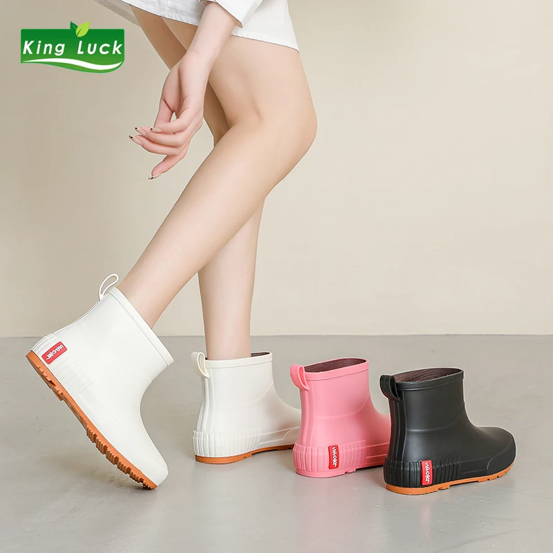 

0.6kg KingLuck Women Rain Boots Rubber Slip-on Shoes Girls For Water Waterproof Plastic Ladies DESIGN ANKL White Female BOOT
