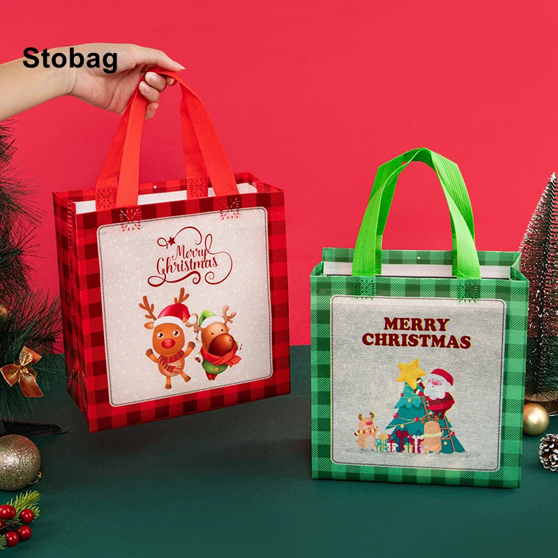 

StoBag 12pcs Marry Christmas Tote Bags Non-woven Fabric Candy Gift Packaging Santa Claus Kids Holiday Happy Year Party Favors