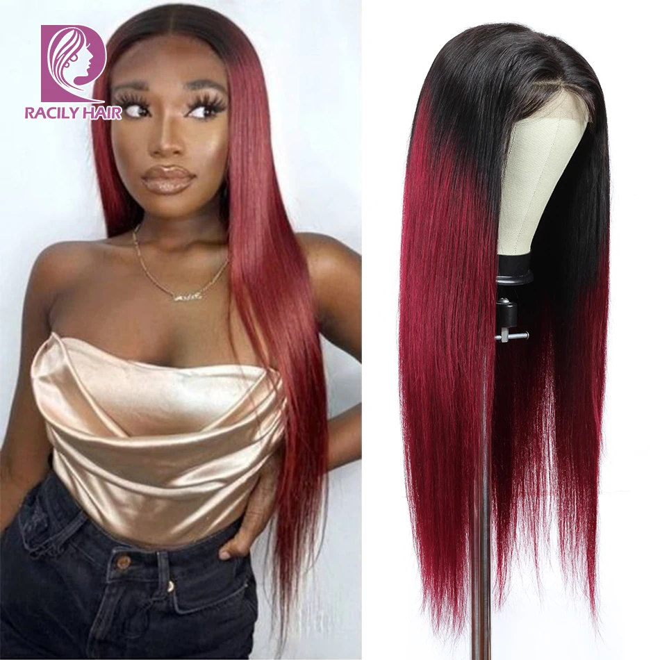 

4X4 HD Transparent Lace Closure Human Hair Wigs PrePlucked 4x4 Closure Wig Brazilian Straight Lace Wig Ombre Burgundy