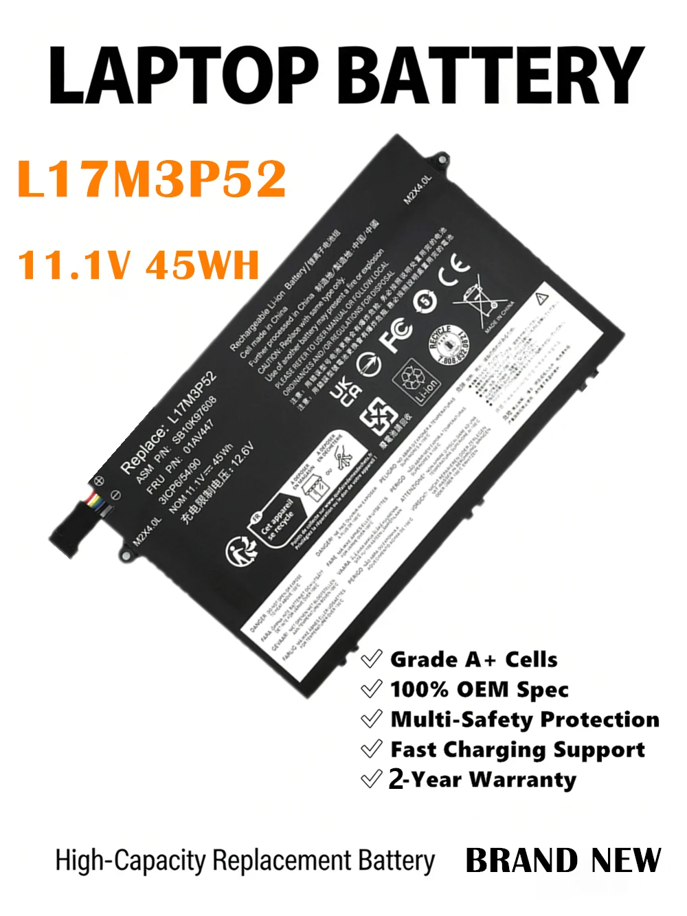 Фото Аккумулятор для ноутбука L17M3P52 01AV447 SB10K97608 для ThinkPad E480 E485 E490 E495 E580 E585 E590 E595 R480 R580 E14 E15 1-го поколения 45Wh №4