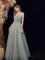 a line soft tulle pleated strapless evening dresses sequins appliques elegant backless floor length empire sleeveless prom gowns