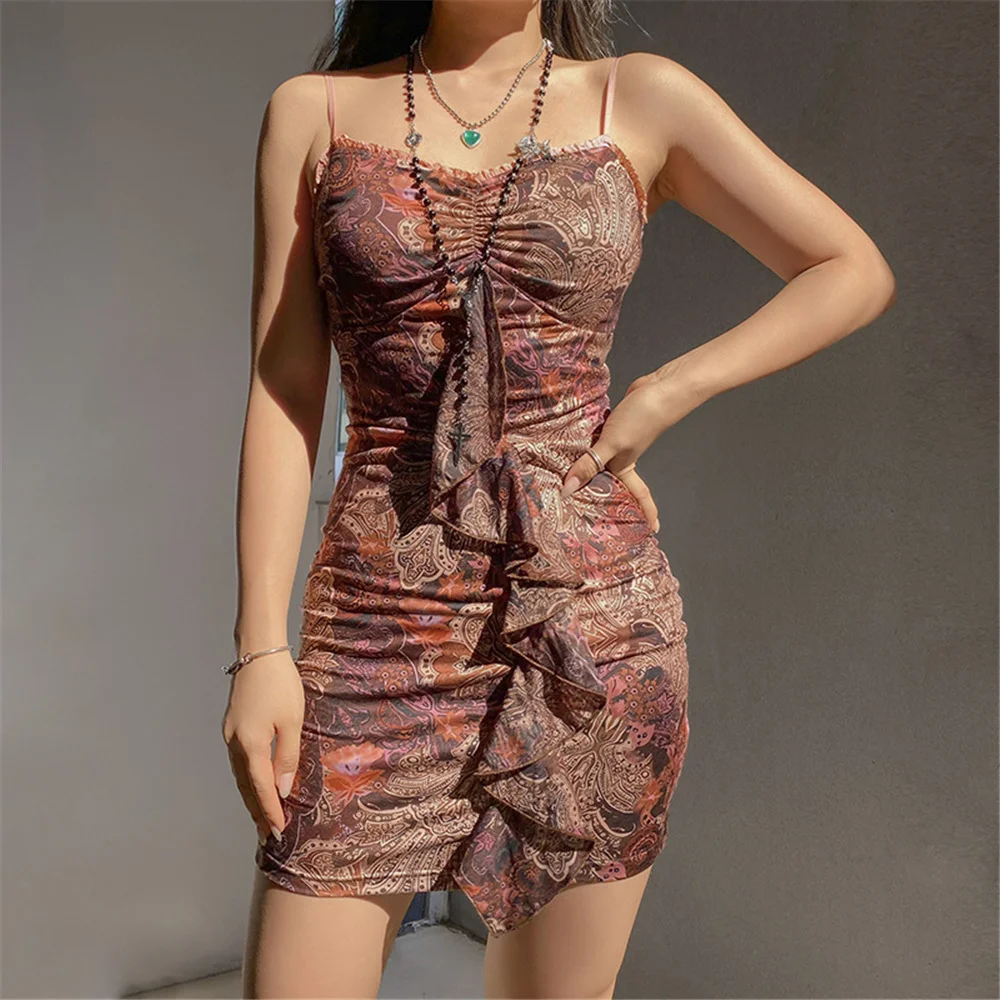

Women Sexy Spaghetti Strap Bodycon Dress Vintage Print Sleeveless Backless High Waist Ruffle Mini Dress Summer Female Vestidos