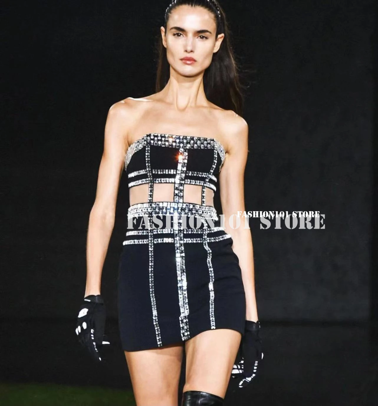 

best version 2022 summer runway Women Clothing Bandage Dresses Diamond Studded Hollow out Backless Sexy mini party woman dress