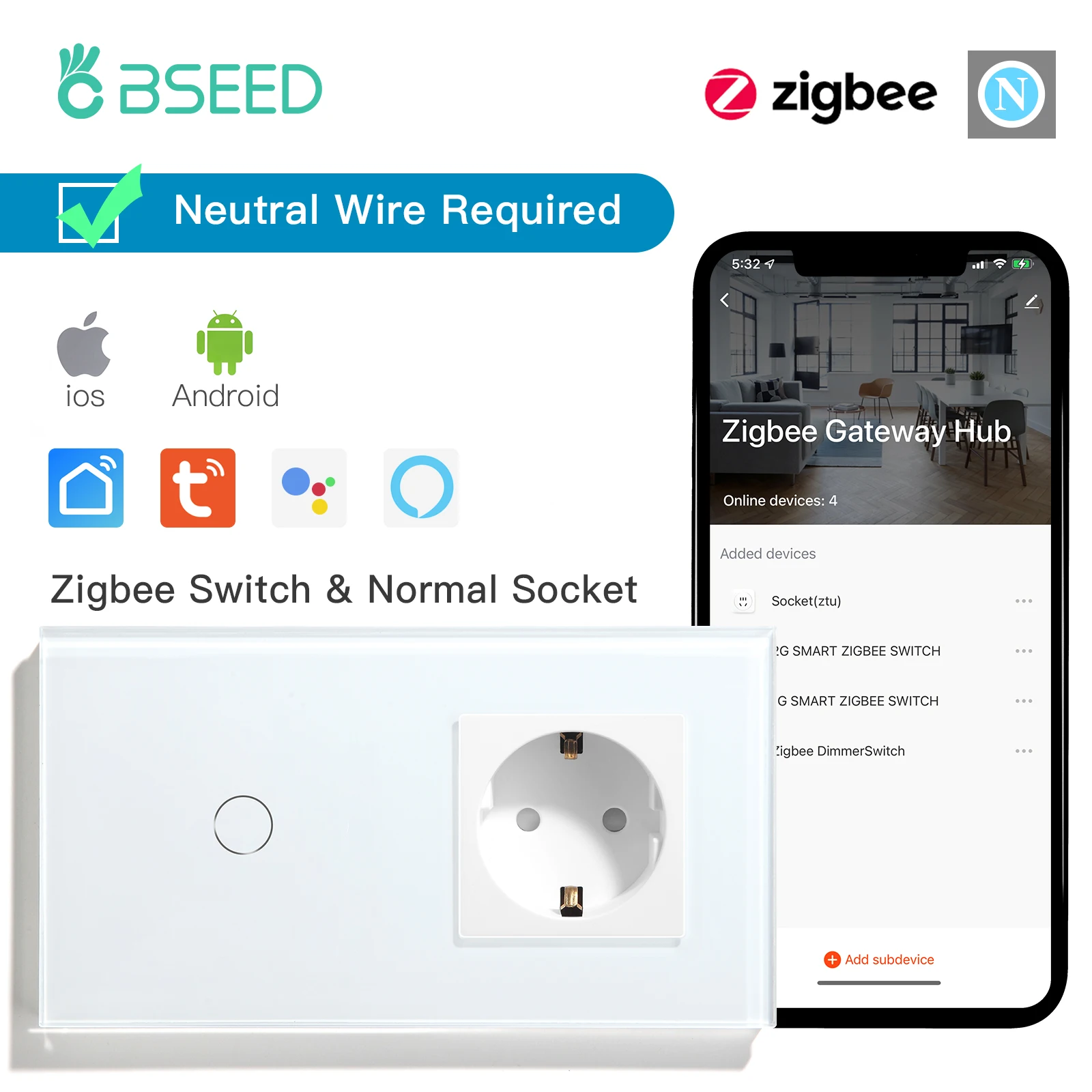 

Умный сенсорный выключатель BSEED Zigbee, 1/2/3 клавиши, 1/2/3 канала, с розеткой стандарта ЕС, беспроводной сенсорный выключатель, умное управление ...