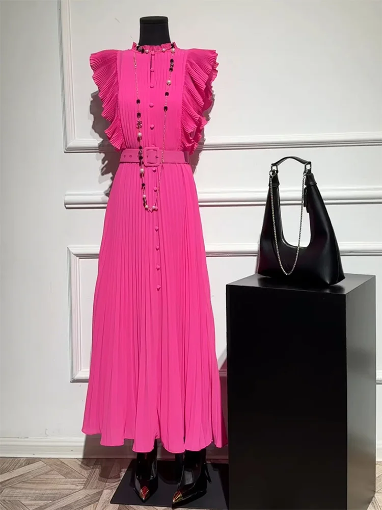 

Высококачественная, уникальная и уникальная, супер неувядающая шифоновая длинная юбка, стиль французской Хепберн, маленькие летающие рукава, розово-красное платье,