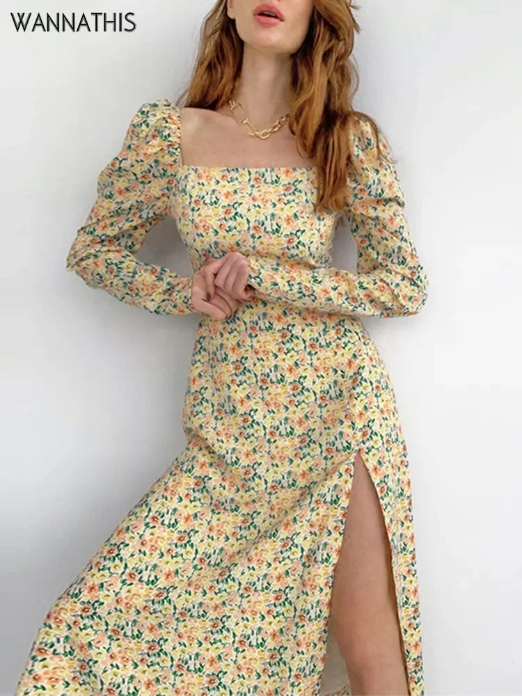 

WannaThis Floral Print Midi Dress Women Long Sleeve Puff Sleeve Side Split Lady Elegant Square Collar Casual Floral Long Dresses