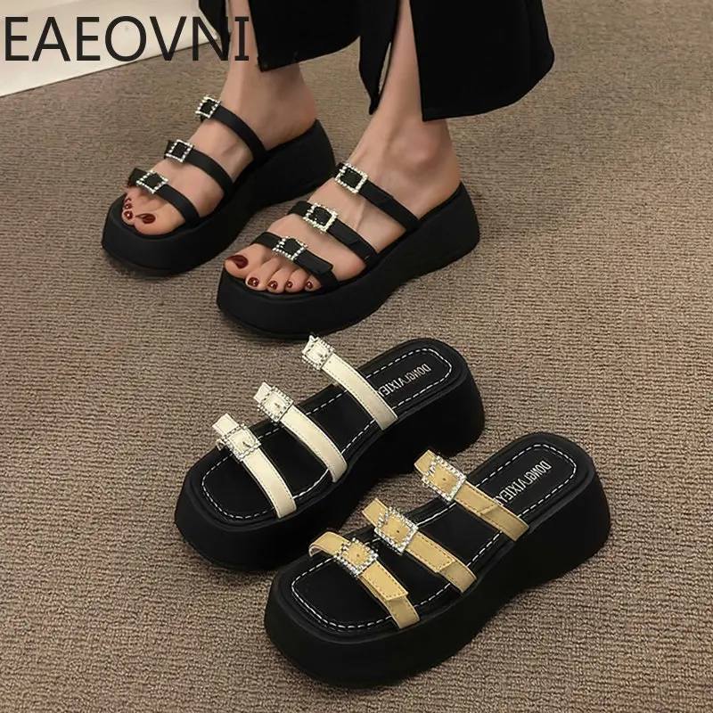 

New Summer Open Toe Platform Flats Women Slippers Fashion CRYSTAL Slip On Ladies Slides Casaul Beach Sandalias Shoes