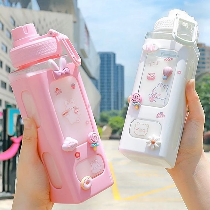 

Новая Пастельная бутылка для воды Kawaii Bear с 3D наклейкой 700 мл/900 мл пластиковая дорожная бутылка для чая, сока, молока