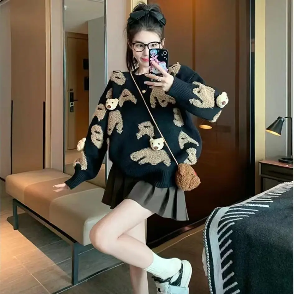 Осень-зима новая мода свитер с милым медведем женские повседневные свободные