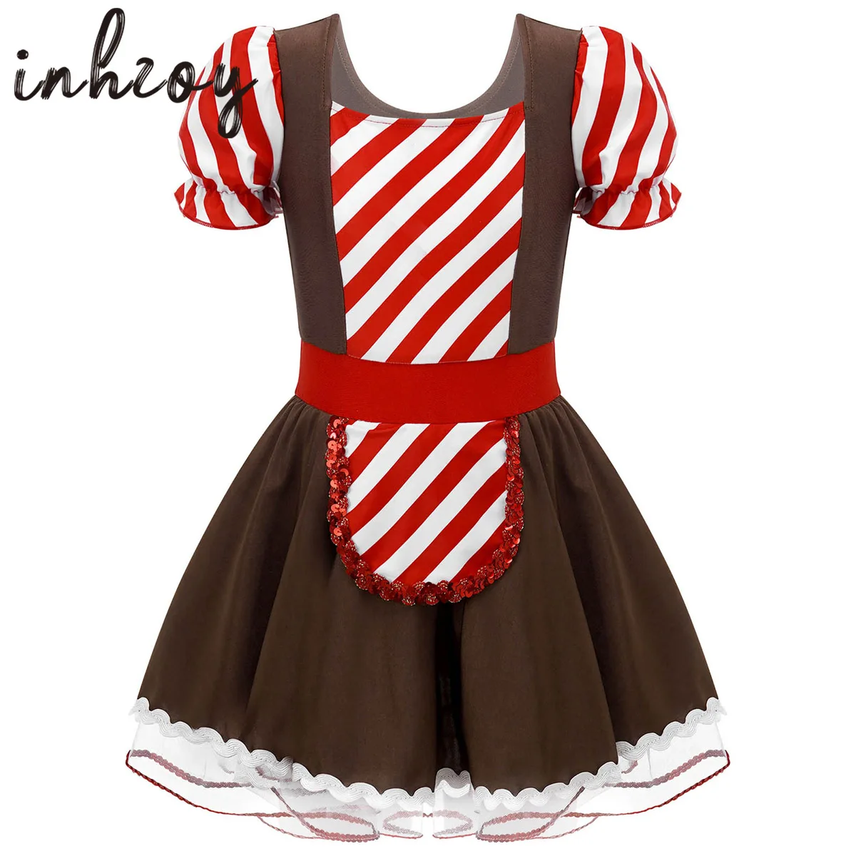 Gingerbread Costume Kids Girls Holiday Cookie Role Play Dress Up Leotard Tutu Dress Christmas Halloween Lace Trim Maid Cosplay