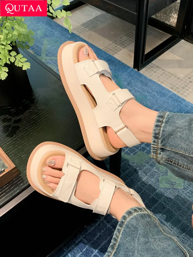 

QUTAA 2022 Women Sandals Casual Summer Square Med Heel Platform Hook&Loop Genuine Leather Fashion Shoes Woman Pumps Size 35-40