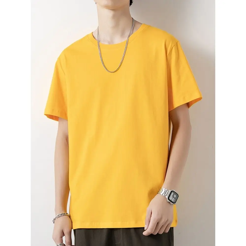 

2022 Summer Pure Cotton Short-sleeved T-shirt Men's Solid Color Yellow Round Neck Top Harajuku Clothes Men's Tops