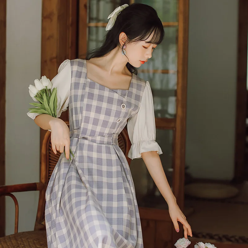 

Женское платье с коротким рукавом, элегантное клетчатое лоскутное платье в стиле преппи