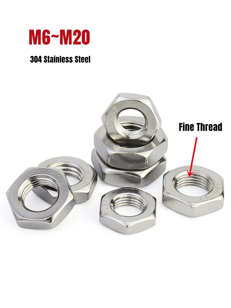 Плоская Шестигранная тонкая гайка с мелкой резьбой, гайка для варенья M6 M8 M10 M12 M14 M16 M18 M20 304 A2 нержавеющая сталь DIN439 GB6173