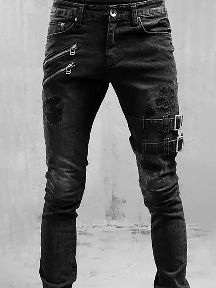 

Брюки байкерские мужские рваные, повседневные брюки из денима с дырками, узкие джинсы-карандаш, уличная одежда