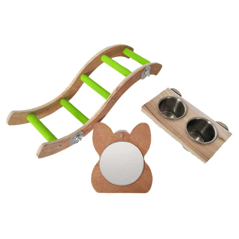 

3 in 1 Bird Feeder Mirror Toy Feeding Cups Water Bowls with Wood Platform Climbing Ladder for Small Medium Birds G2AB